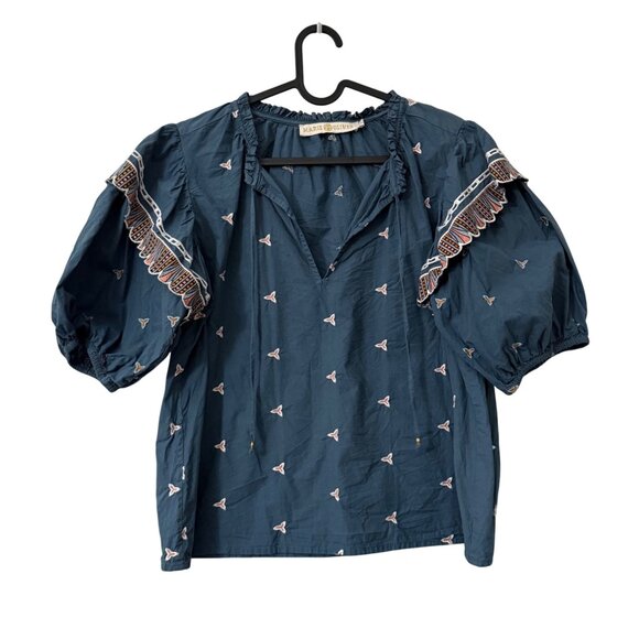 Marie Oliver Tops - Marie Oliver Embroidered Ruffle Puff Sleeve Peasant Blouse Womens Size Medium